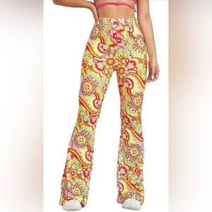 New Women's Floral Elastic High Waisted Flare Bell Bottom Long Wide Leg Pants M